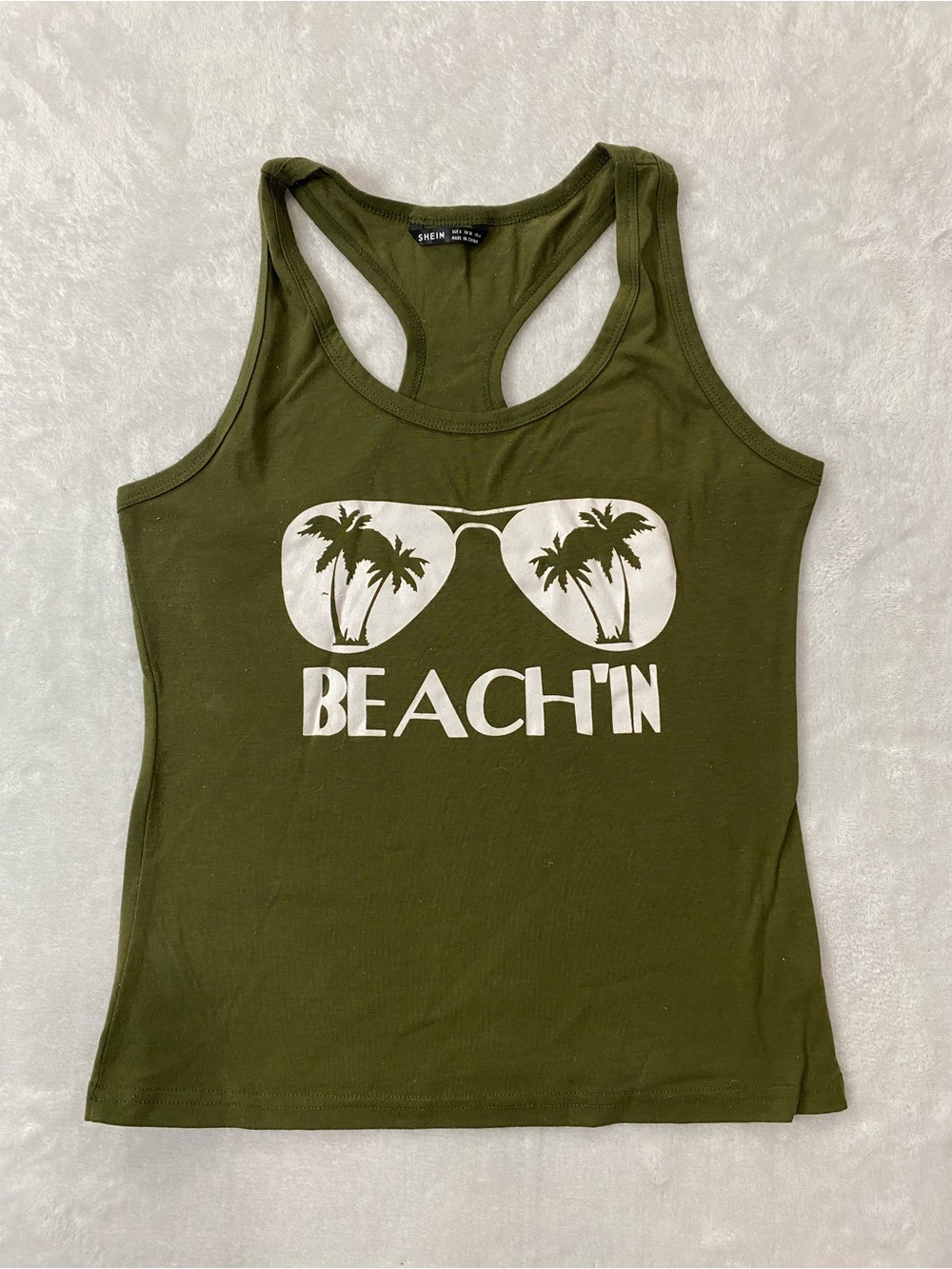 SHEIN Olive Green 'Beachin' Graphic Racerback Tank - (S)